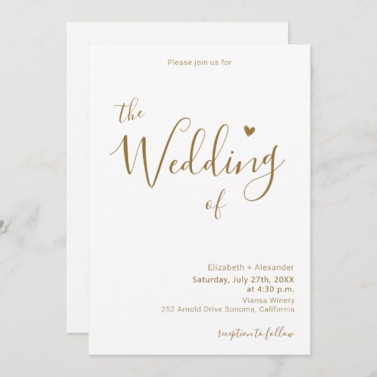 Goldkalligrafie Herz-Script QR Code Hochzeit Einladung (Vorne/Hinten)