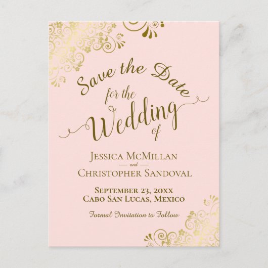 Goldkalligrafie-Hochzeit rettet das Datum Rosa Ankündigungspostkarte (Vorderseite)
