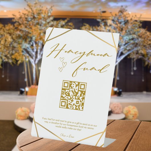 Goldkalligrafie-Honeymoon-Fonds QR-Code Hochzeit Sockelschild