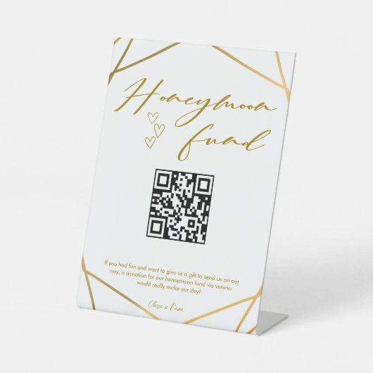 Goldkalligrafie-Honeymoon-Fonds QR-Code Hochzeit Sockelschild (Vorderseite)