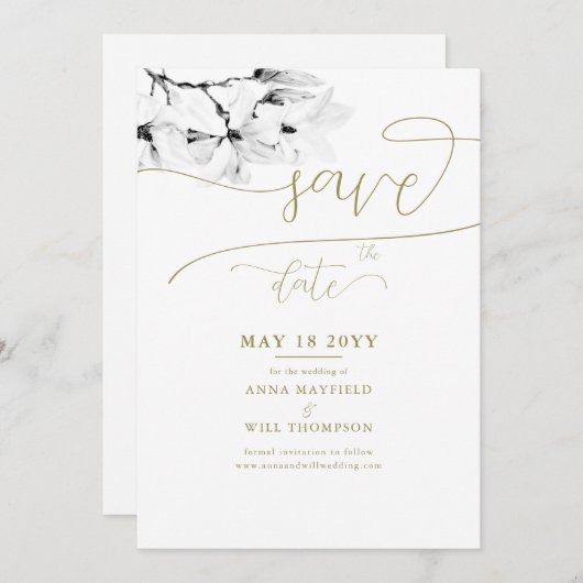 Goldkalligrafie Magnolia Hochzeit Speichern Sie da Einladung (Vorne/Hinten)