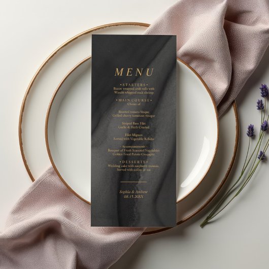 Goldkalligrafie und Black Agat Wedding Menu Menükarte