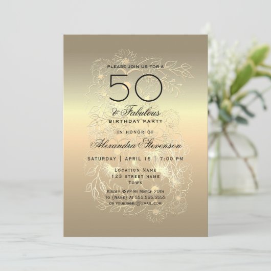 Goldkalligraphie 50. Geburtstag Einladung (Stehend Vorderseite)