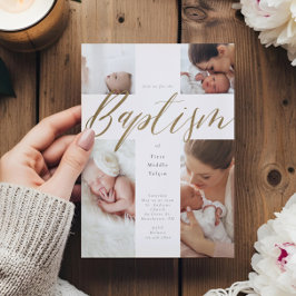 Goldkalligraphie Foto Collage Baby Taufkreuz Einladung