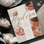 Goldkalligraphie Foto Collage Baby Taufkreuz Einladung<br><div class="desc">Feiern Sie die Taufe Ihres Sohnes oder Ihrer Tochter mit unserem schönen,  modernen,  minimalen und eleganten Design. Unser Design zeichnet sich durch ein Vier-Foto-Layout aus,  das den Eindruck eines Kreuzes schafft. "Taufe: wird in modernen Imitaten in Goldkalligraphie ausgestellt. Auf der Rückseite befindet sich ein einfaches Imitat-Goldkreuz in der Mitte.</div>