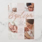 Goldkalligraphie Foto Collage Baby Taufkreuz Folieneinladung (Vorderseite)