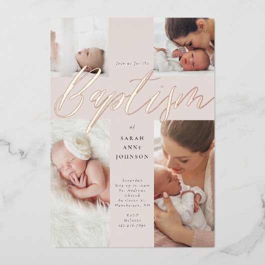 Goldkalligraphie Foto Collage Baby Taufkreuz Folieneinladung (Vorderseite)