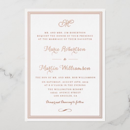 Goldkalligraphie-Hochzeit in Schwarz und Rose Folieneinladung (Vorderseite)