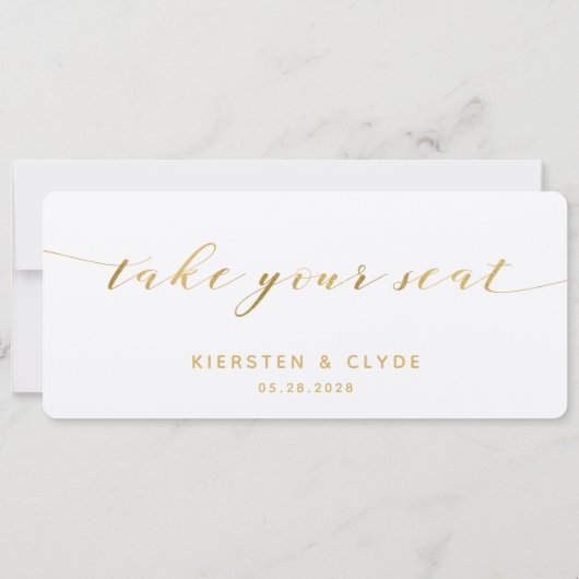 Goldkalligraphie Hochzeit Nehmen Sie Ihre Sitzplat Einladung (Rückseite)