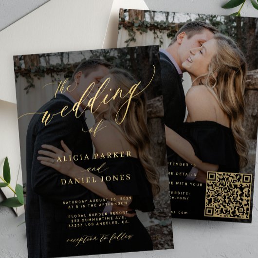 Goldkalligraphie-Overlay Foto QR CODE Hochzeit Einladung