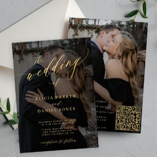 Goldkalligraphie-Overlay Foto QR CODE Hochzeit Einladung