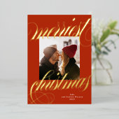 Goldkalligraphie-Rotes Foto Folien Feiertagskarte (Stehend vorne)