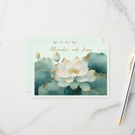 Goldkanten der Hochzeitlotus-Blume RSVP Karte (Vorderseite/Rückseite Beispiel)