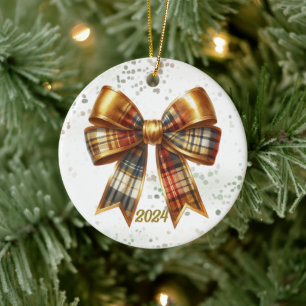 Goldkarierter Weihnachtsbogen-Jahresakzent Keramik Ornament