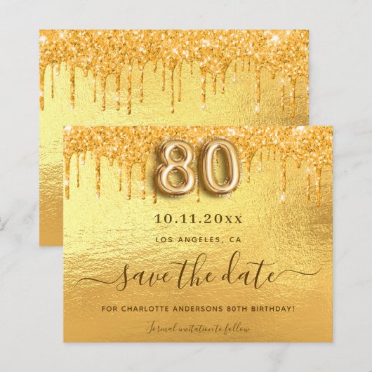 Goldkarte des 80. Glitzer Save the Date (Vorne/Hinten)