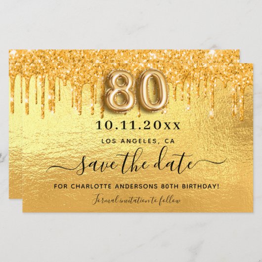 Goldkarte des 80. Glitzer Save the Date (Vorne/Hinten)