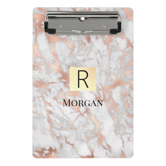 Goldkarton, Name und Monogramm, weiß und Rose Mini Klemmbrett (Vorderseite)