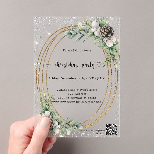 Goldkegel Grüne QR-Code mattiertes Weihnachtsfest  Acryleinladungen (Insitu (Handheld))