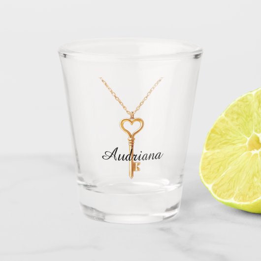 Goldkette Herzanhänger Schlüssel Schnapsglas (Vorderseite)