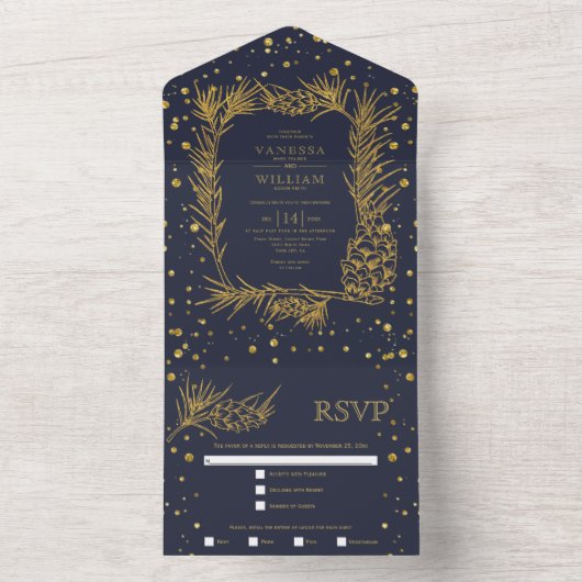 Goldkiefer, Konfetti Mitternacht Blaue Hochzeit Gl All In One Einladung (Innen Boden)