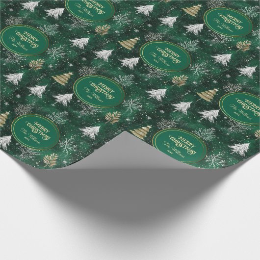 Goldkiefern Silberschneeflocken Jäger Grün Geschenkpapier (Ecke)