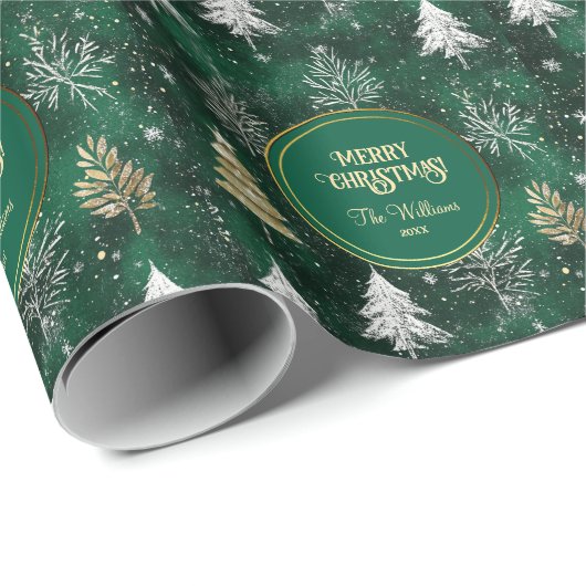 Goldkiefern Silberschneeflocken Jäger Grün Geschenkpapier (Rolleneckpunkt)