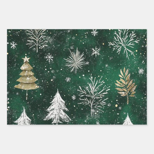 Goldkiefern Silberschneeflocken Jäger Grün Geschenkpapier Set (Vorderseite 3)