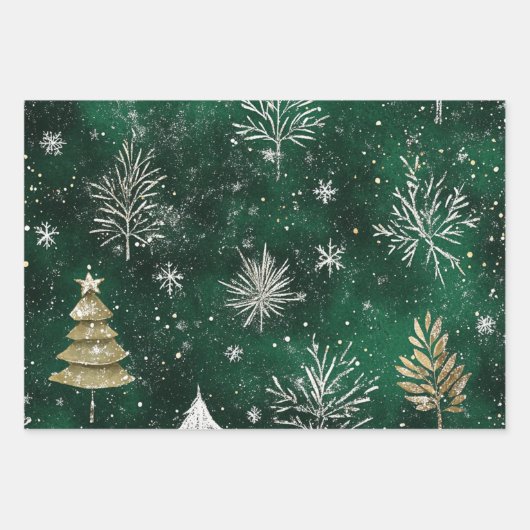 Goldkiefern Silberschneeflocken Jäger Grün Geschenkpapier Set (Vorderseite)
