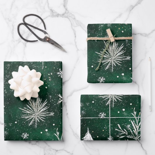 Goldkiefern Silberschneeflocken Jäger Grün Geschenkpapier Set (Vorderseite)