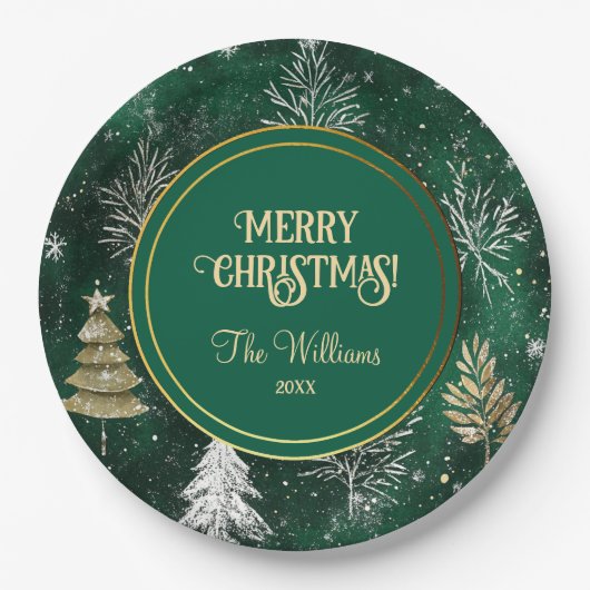 Goldkiefern Silberschneeflocken Jäger Grün Pappteller (Vorderseite)