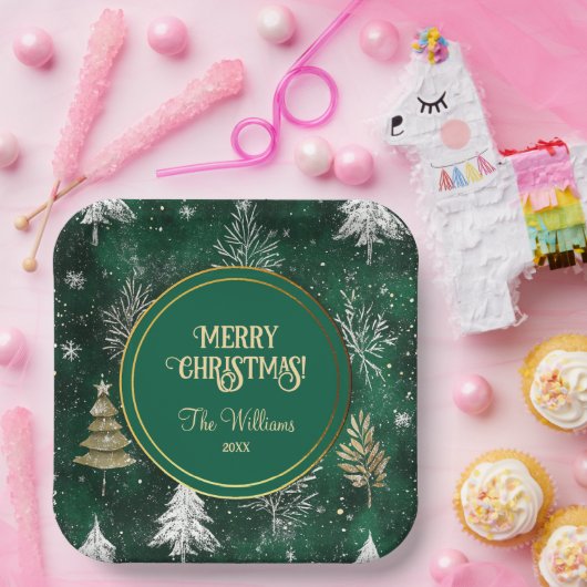 Goldkiefern Silberschneeflocken Jäger Grün Pappteller (Party)