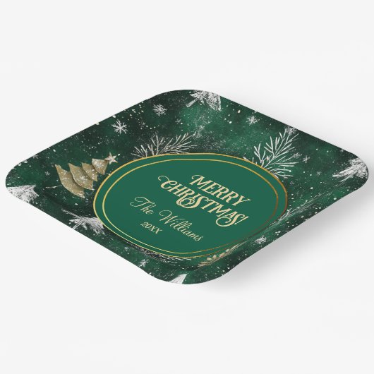 Goldkiefern Silberschneeflocken Jäger Grün Pappteller (Gewinkelt)