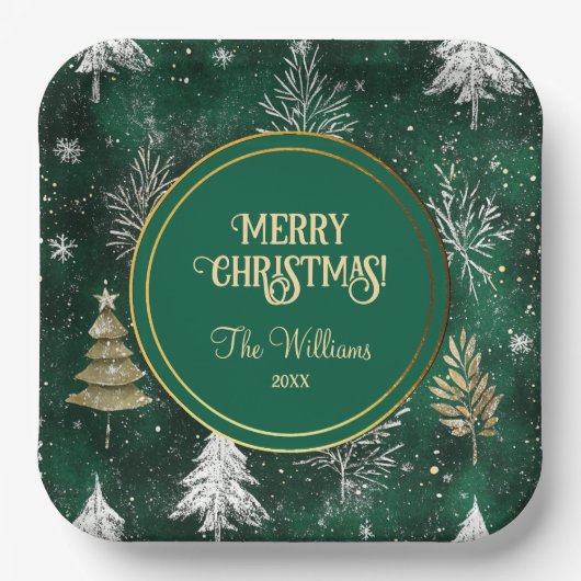 Goldkiefern Silberschneeflocken Jäger Grün Pappteller (Vorderseite)