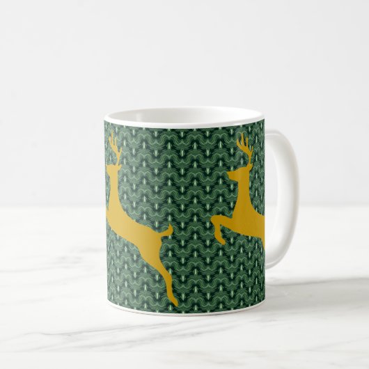 Goldklaffend Hirsch auf grünem Zickzack Hintergrun Kaffeetasse (VorderseiteRechts)