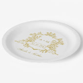 Goldklassisches Wappen-Monogramm-Hochzeit Pappteller (Schrägansicht)