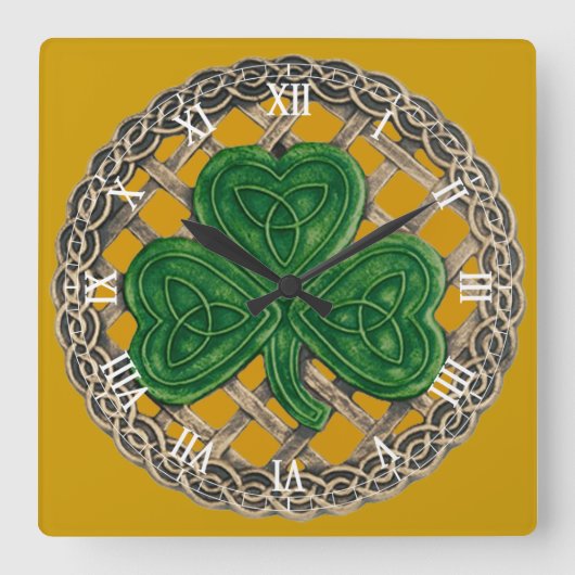 GoldKleeblatt u. Celtic-Knoten-römische Quadratische Wanduhr (Vorderseite)