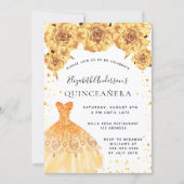 Goldkleid aus Quinceanera, blühend glamourös Einladung (Vorderseite)