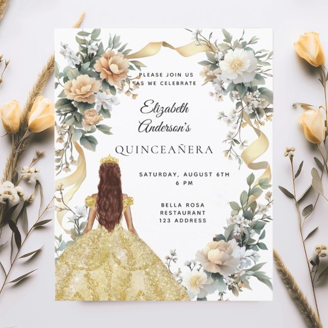 Goldkleid aus Quinceanera, Blumen, Grüne Einladung (Von Creator hochgeladen)