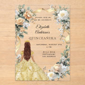 Goldkleid aus Quinceanera, gelbe Blumen klar Acryleinladungen (Vorderseite)