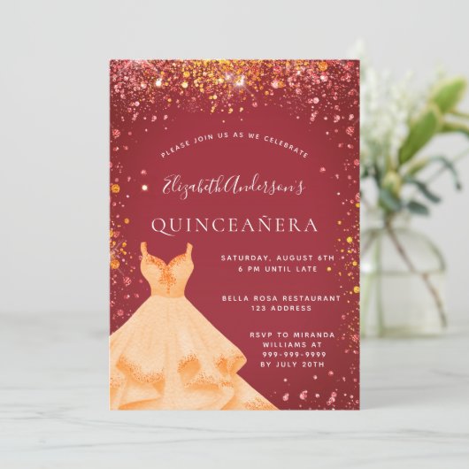 Goldkleid aus Quinceanera Glitzer Einladung (Stehend Vorderseite)
