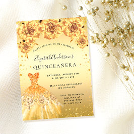 Goldkleid aus Quinceanera Glitzer mit Blumenzauber Einladung