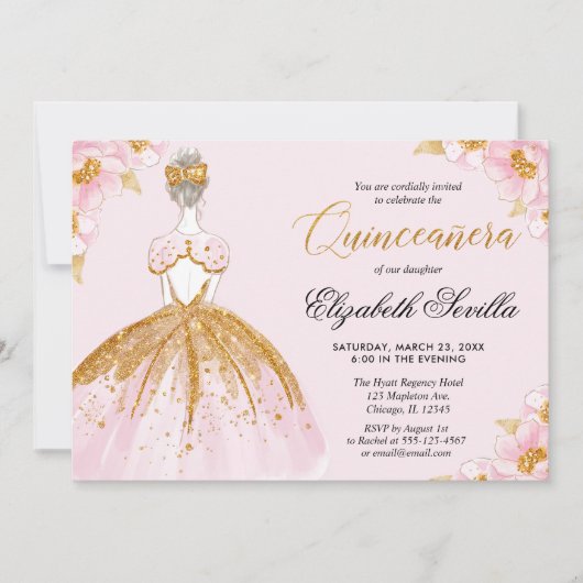 Goldkleid aus Quinceanera-Rosa-Glitzer Einladung (Vorderseite)