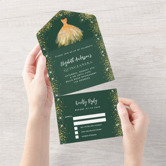 Goldkleid aus Quinceanera, Smaragdgrün, Glitzer UA All In One Einladung (Abreißen)