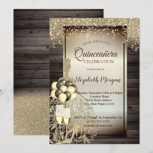 Goldkleid, Balloons, Holz-Quinceanera Einladung