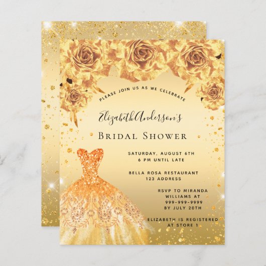 Goldkleid Blumenzwiebeln Brautparty Einladung (Vorne/Hinten)