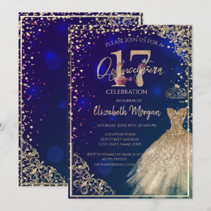 Goldkleid Diamanten  Floral Blau Quinceañera Einladung
