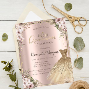 Goldkleid, Diamonds Boho Blume Quinceañera Einladung