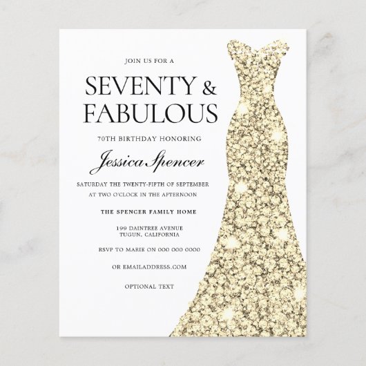 Goldkleid Frauen 70. Geburtstag Einladung (Vorderseite)