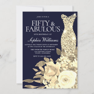 Goldkleid Golden Blume Navy 50. Geburtstagsparty Einladung