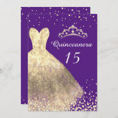 Goldkleid Lila Quinceanera 15. Geburtstagsparty Einladung (Vorne/Hinten)
